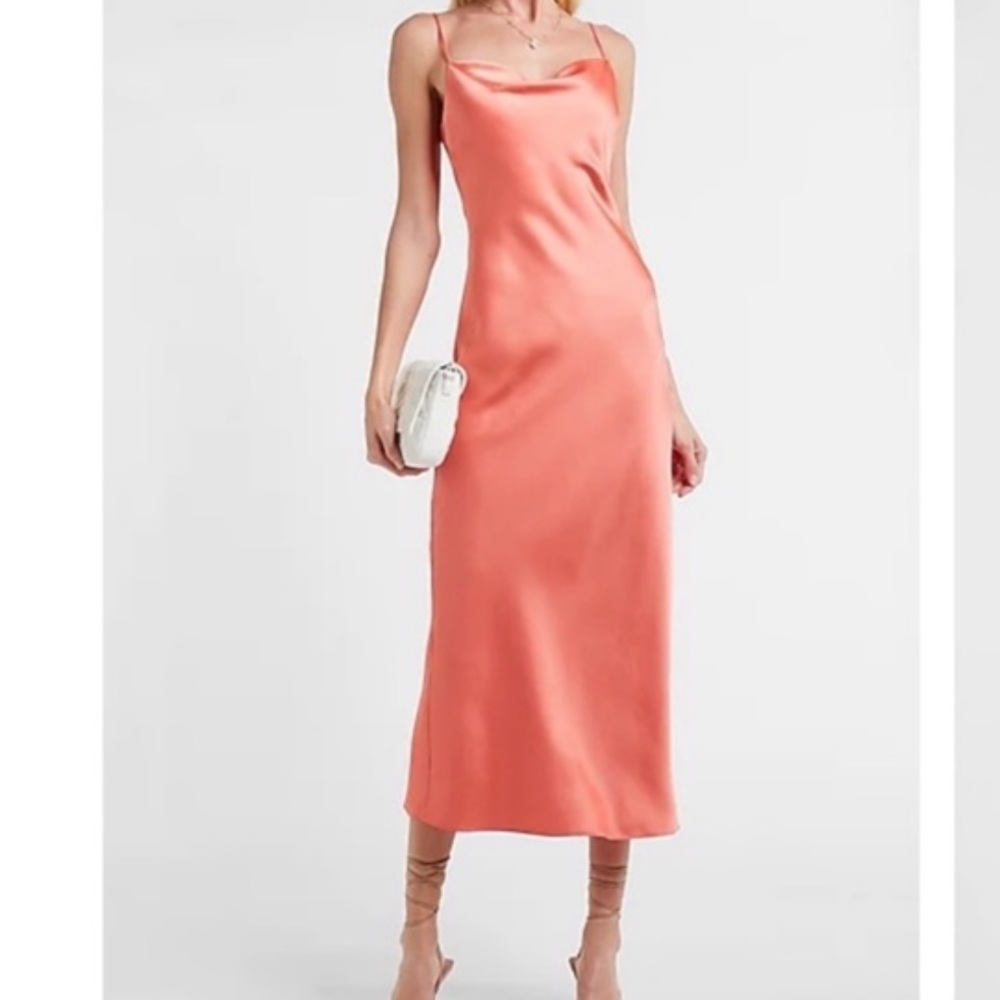 EXPRESS- Satin cowl neck midi slip dress in Coral peach